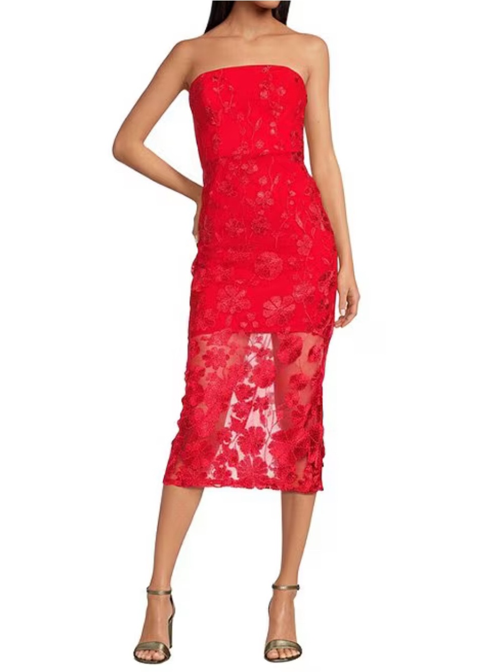 NWT Sam Edelman Lace Woven Strapless 3D Floral Applique Sheath Midi Dress